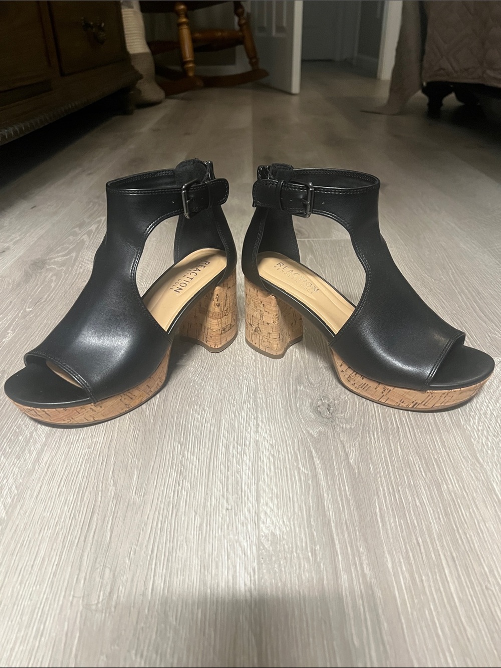 Kenneth Cole Reaction Black Cork Platform Open-Toe Ankle Strap Sandals